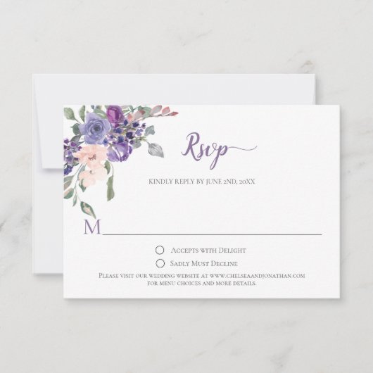 Fleurs d'aquarelle violette et verte RSVP (Devant)
