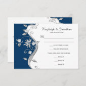 Fleurs d'argent blanc bleu marine Ornate RSVP (Devant / Derrière)
