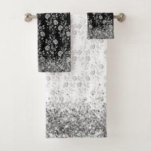 Fleurs d'argent sur fond blanc et noir scintillant