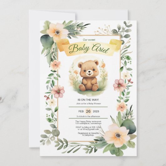 Fleurs de bois mignon ours invitation baby shower (Devant)