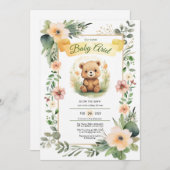 Fleurs de bois mignon ours invitation baby shower (Devant / Derrière)