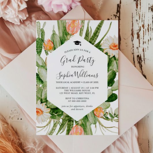Fleurs de cactus Frame Graduation Party Invitation