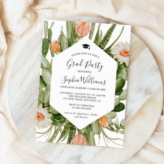 Fleurs de cactus Frame Graduation Party Invitation