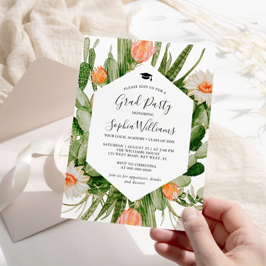 Fleurs de cactus Frame Graduation Party Invitation