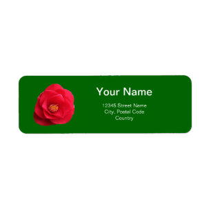 fleurs de camélia rouge étiquette de adresse vert