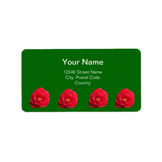 fleurs de camélia rouges étiquette d'adresse verte (Devant)