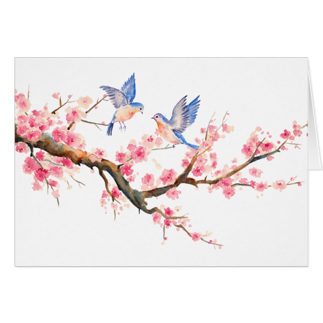Fleurs de cerisier d'aquarelle et oiseaux bleus (Devant horizontal)
