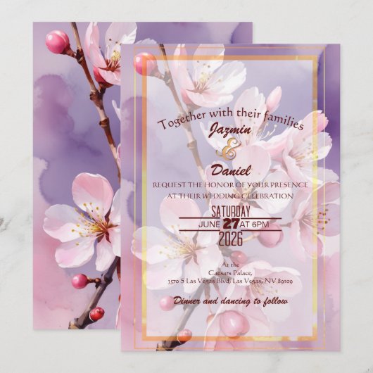 Fleurs de cerisier roses - Invitation lavande rose (Devant / Derrière)