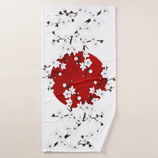 Fleurs de cerisier rouge noir blanc soleil levant (Serviette de bain)