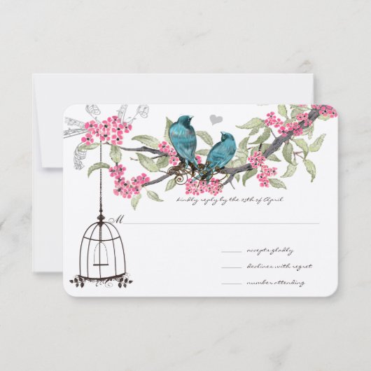 Fleurs de cerisiers Aqua Birds and Birdcage RSVP (Devant)