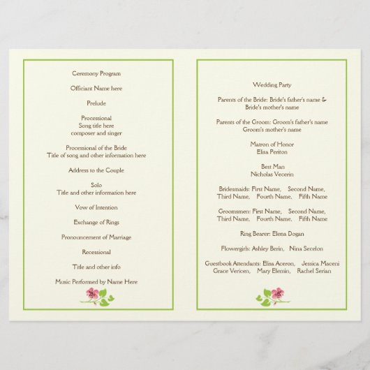 Fleurs de cerisiers roses, programme de mariage de (Dos)