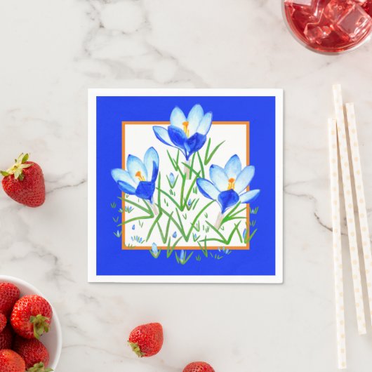 Fleurs de Crocus Serviettes en Papier Bleu & Blanc (En situation)