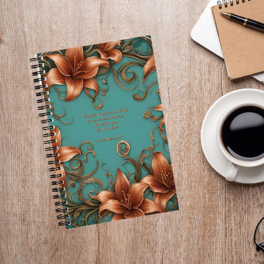 Fleurs de cuivre sur journal turquoise avec Jésus