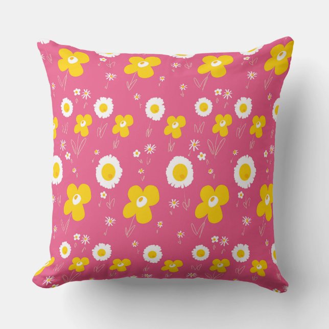 Fleurs De Faisceau Blanc Jaune Sur Oreiller Rose (Recto)