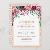 Fleurs de Flush Stripes & Gold Wedding Invitations (Devant / Derrière)