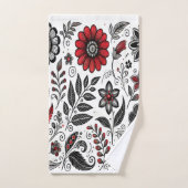 Fleurs de gribouillis et feuilles en rouge et noir (Serviette à main)