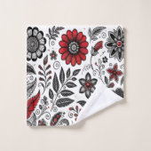 Fleurs de gribouillis et feuilles en rouge et noir (Gant de toilette)