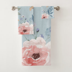 Fleurs de jardin aquarelle bleu poussiéreux roses