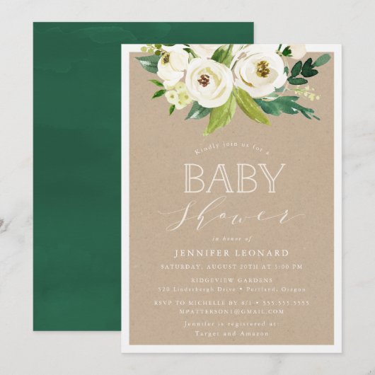 Fleurs de jardin rustique | Invitation à une baby (Devant / Derrière)
