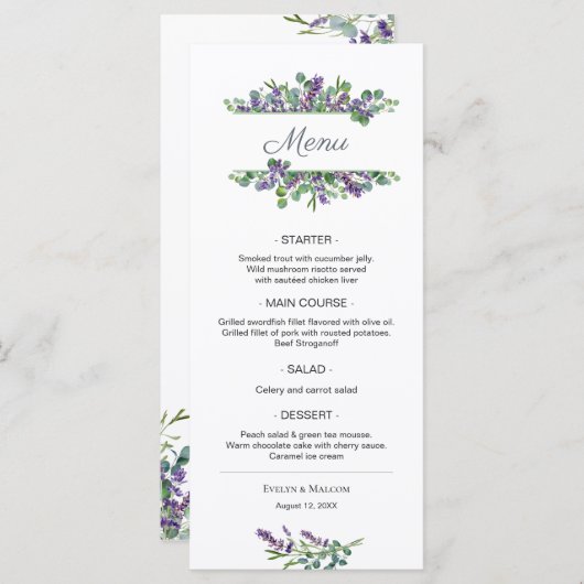 Fleurs de lavande Eucalyptus Foliage Menu Mariage (Devant / Derrière)