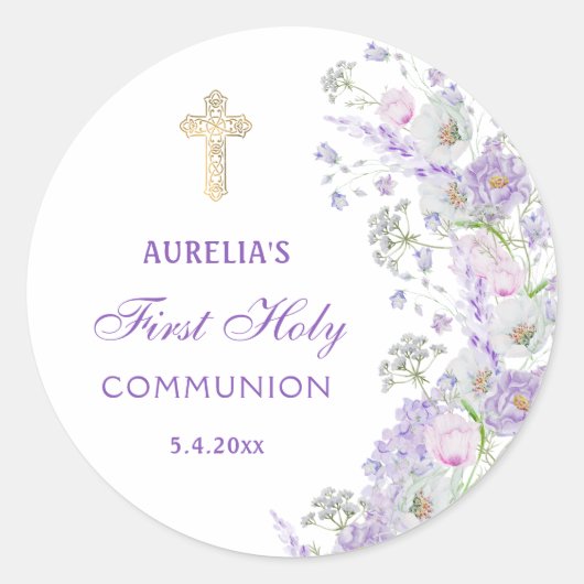 Fleurs de lilas Première communion Autocollant ron (Devant)