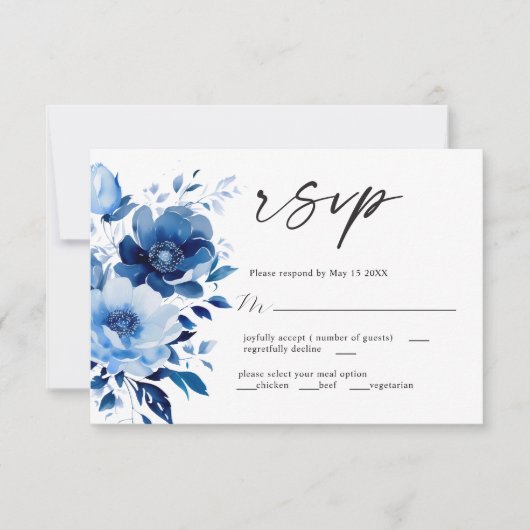 Fleurs de mariage bleu carte RSVP (Devant)