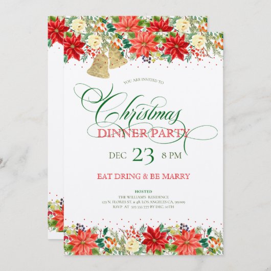 Fleurs de Noël frontière & typographie Invitation (Devant / Derrière)