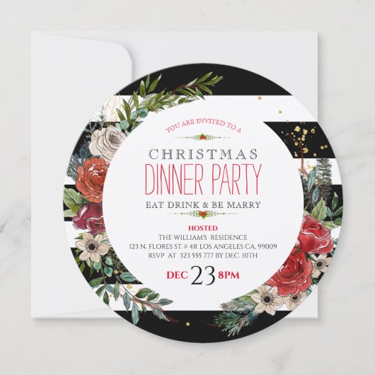 Fleurs de Noël Wreath & Stripes Diner Invitation (Devant)