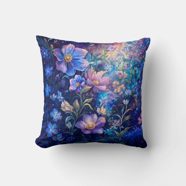 Fleurs de nuit bleues jeté oreiller  (Recto)