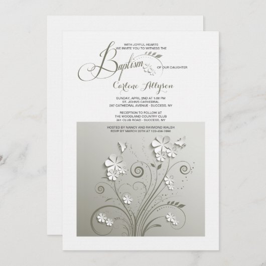 Fleurs de papier Invitation Baptême (Devant / Derrière)