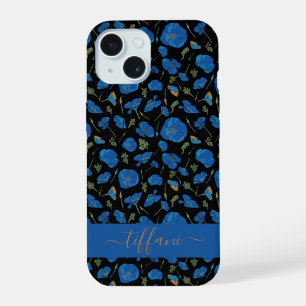 Fleurs de pavot bleues motif botanique noir