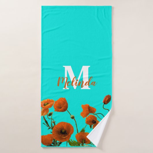 Fleurs de pavot orange Monogramme floral Nom initi (Serviette de bain)
