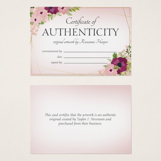 Fleurs de Plum Blush Certificat d'authenticité (Devant & derrière)