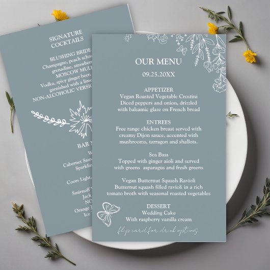 Fleurs de prairie Mariage bleu gris menu Budget
