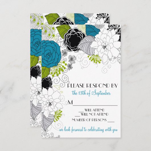 Fleurs de printemps bleu vert mariage RSVP Invitat (Devant / Derrière)
