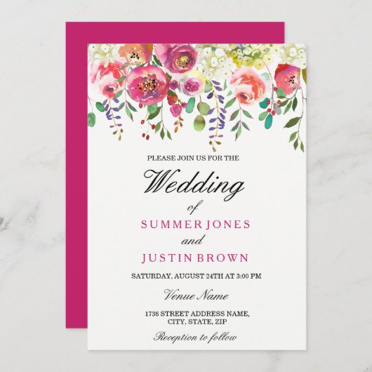 Fleurs de printemps Faire-part de mariage rose (Devant / Derrière)