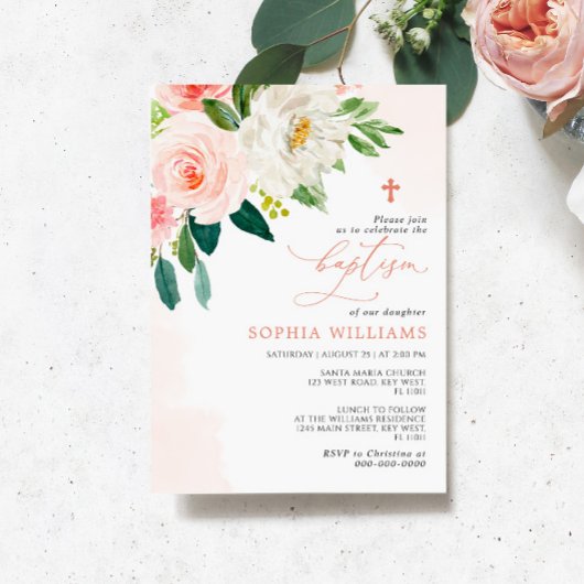 Fleurs de rose rose pâle Invitation Baptême