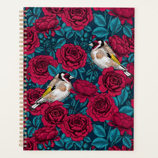 Fleurs de roses rouges et oiseaux d'or (Devant)