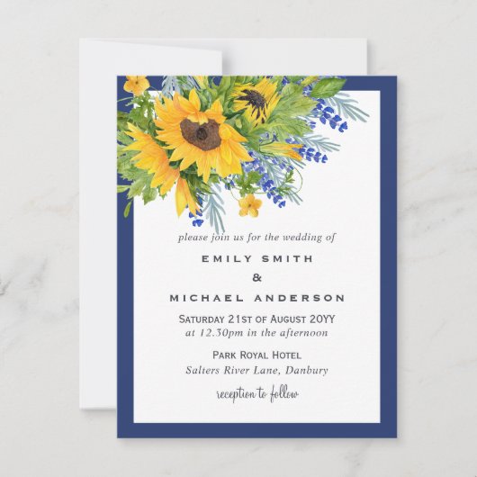 Fleurs de soleil Bleu jaune Floral Invitations de (Devant)