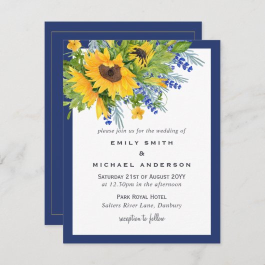 Fleurs de soleil Bleu jaune Floral Invitations de  (Devant / Derrière)