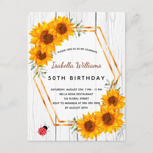Fleurs de soleil d'anniversaire invitation bois bl (Devant)