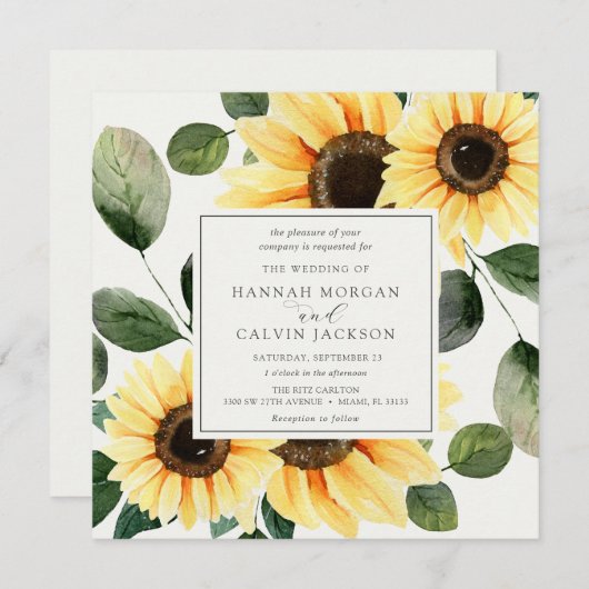 Fleurs de soleil et Faire-part de mariage verdoyan (Devant / Derrière)