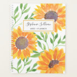 Fleurs de soleil jaunes personnalisées<br><div class="desc">Les tournesols apportent de la joie ! Profitez donc de planifier votre année avec ce planificateur motif de tournesol jaune vif et ensoleillé. Les tournesols couleur jaune et les feuilles verts sont sur un arrière - plan blanc et vous pouvez customiser ce planificateur avec votre nom et l'année. Aquarelle originale...</div>