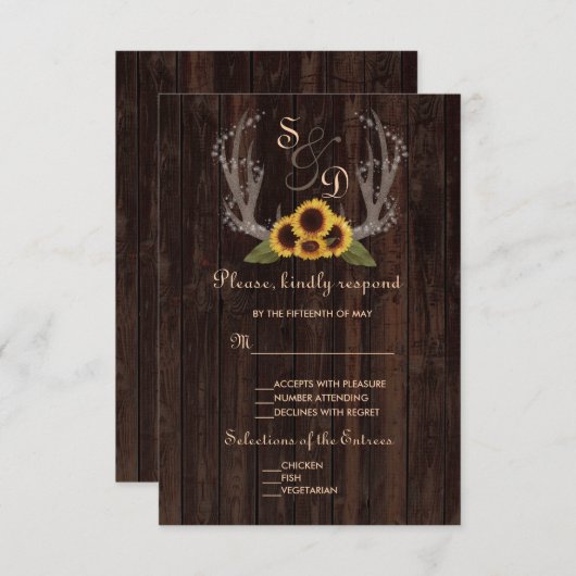 Fleurs de soleil rustiques Antlers Mariage RSVP (Devant / Derrière)