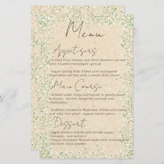 Fleurs de souffle du bébé Boho Rustique Menu Maria (Devant / Derrière)