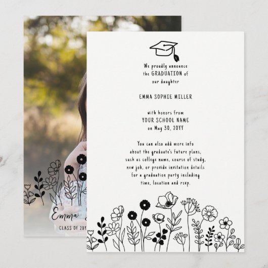 Fleurs dessinées à la main Faire-part de graduatio (Devant / Derrière)