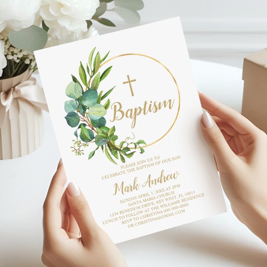 Fleurs d'eucalyptus Baptême Invitation