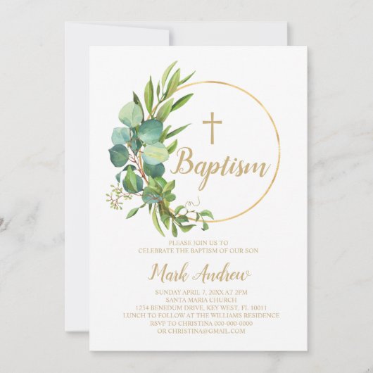 Fleurs d'eucalyptus Baptême Invitation (Devant)