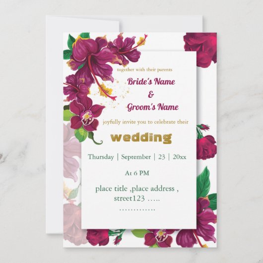 fleurs d'hibiscus bordeaux faire-part de mariage r (Devant)