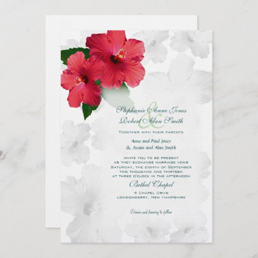 Fleurs d'hibiscus rouges, invitation de mariage pe (Devant / Derrière)